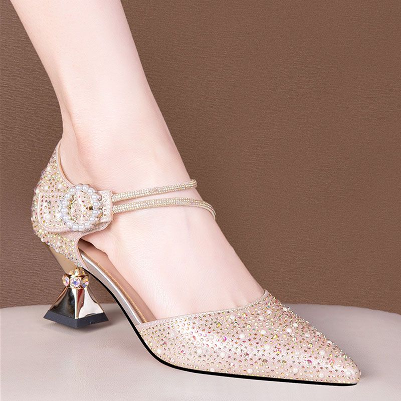 Pointed Toe High Heels Rhinestones Women's Closed Sandals Designer New Breathable Fashion Luxury 2025 Casual Ladies Shoes Sale