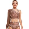 Womens Lyrical Dance Top Asymmetrical Sheer Mesh Long Sleeve Shiny Colorful Rhinestone Crop Top