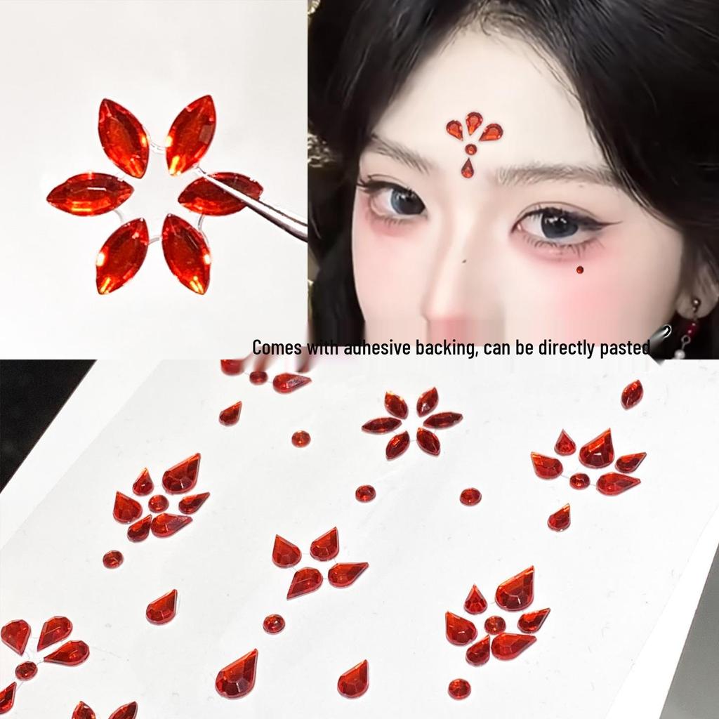 Древний стиль Красный головной убор с горным хрусталем на лоб и наклейки для украшения лица для макияжа в стиле Ханьфу