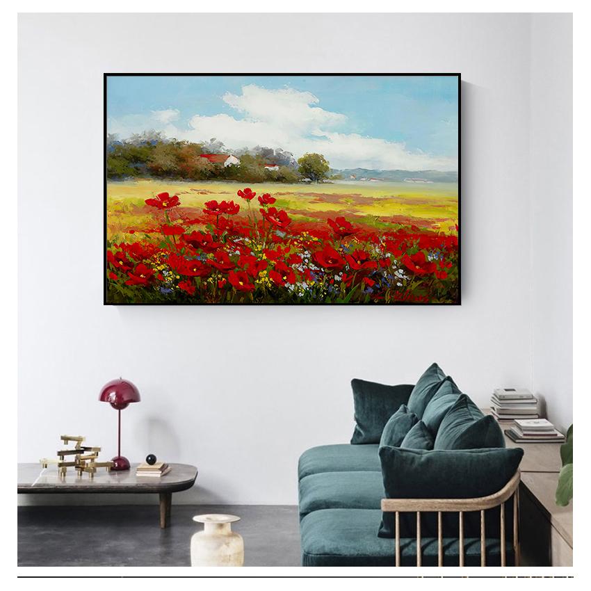 Poppies Landscape Oil Painting on Canvas Modern Pastoral Poster Art Wall Picture for Living Room Print Abstract Wild Red Flower