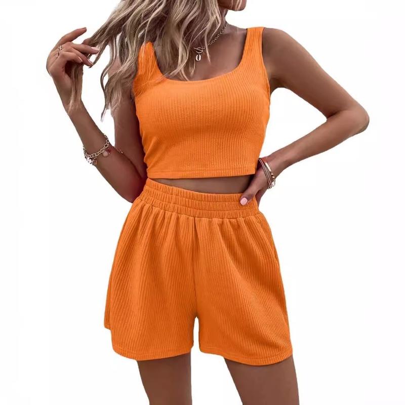 Women Two Piece Outfits Summer Knit Sleeveless Crop Top and High Waisted Short Lounge Sets