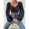 Women Sexy V-neck Off Shoulder Blouses Summer Drawstring Bandage Long Sleeve Tops Ladies Fashion Short Clothes
