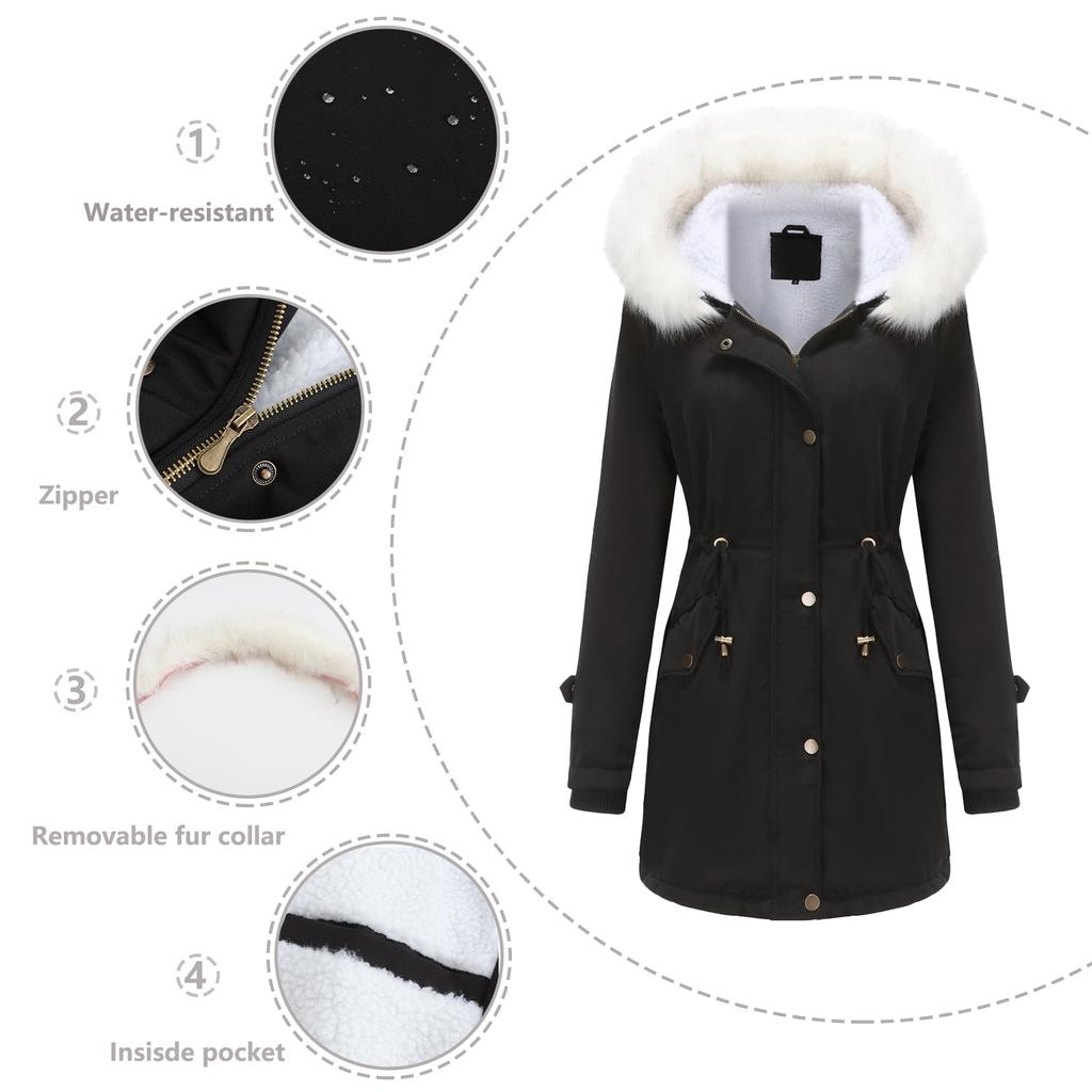 Jackets for Women Fleece Autumn and Winter Removable Hair Collar Women's Pie Over Long-sleeved Hooded Cotton Coat Velvet Coat Cotton Clothing Women
