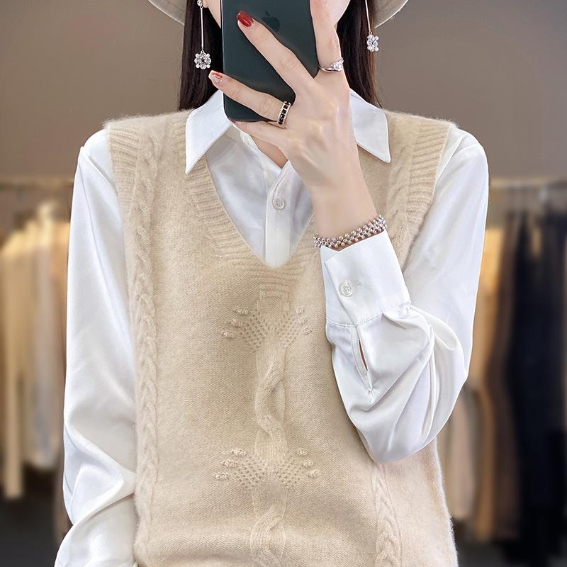 Женский вязаный свитер-жилет с V-образным вырезом, модный и универсальный жилет без рукавов, жаккардовый базовый топ для осени и зимы