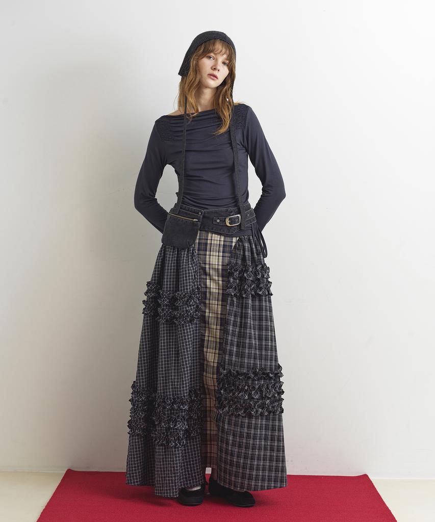 Aobteu Unbalance Frill Maxi Skirt - Check