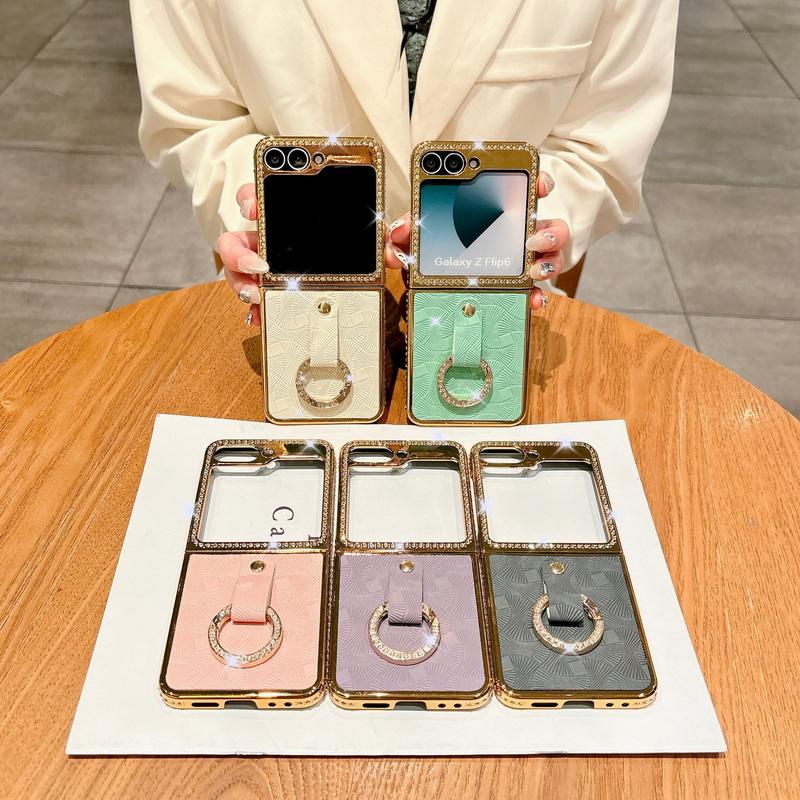 Luxury Solid Color Leather Plating 2pcs Phone Case For Samsung Galaxy Z Flip6 Flip5 Flip4 Flip3 Diamond Frame Shockproof Metal Ring Folding Cover