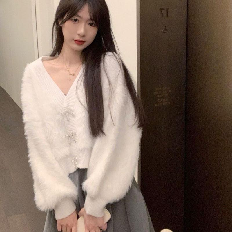 Кардиган, свитер, женский, 2023, одежда, короткий плюшевый свитер с молочным принтом, однотонный свитер с v-образным вырезом, женские топы
