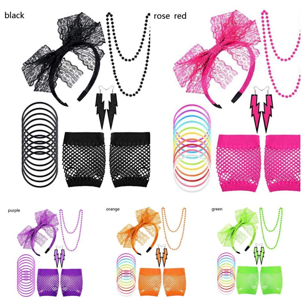 Серьги для девочек Платье Перчатки-сетка Набор аксессуаров для костюма 80-х годов Фантазийное ожерелье