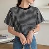 High-quality Cotton Striped T-shirt Base Blouse Women Short-sleeved Summer New Loose Show Thin Round Neck Blouse