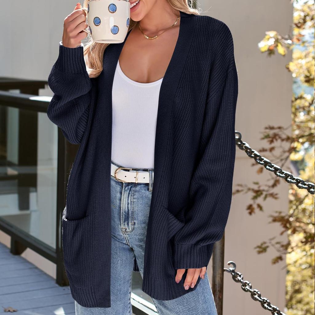 Женский кардиган, вязаный свитер, открытый спереди, повседневный, с длинным рукавом, легкие кардиганы с карманами
