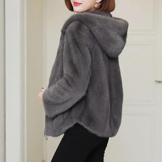 Women Winter Coat Double-sided Thick Cozy Plush Hooded Long Sleeves Zipper Closure Solid Color Cardigan Loose Jacket Outerwear