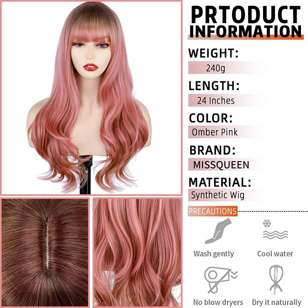 MISSQUEEN Длинный розовый парик с челкой, длинный волнистый парик, розовые парики с эффектом омбре для женщин, термостойкие синтетические женские парики для косплея для повседневного использования (Омбре Розовый)