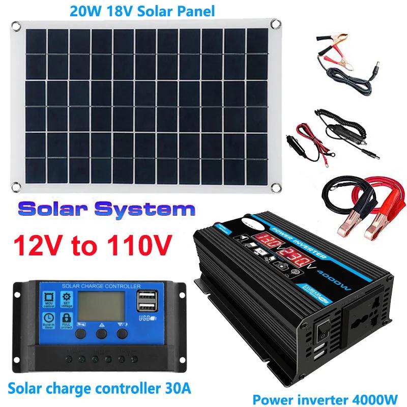 110/220V Solar Power System 20W Solar Panel Battery Charge 30A Controller 6000W Inverter Modified Sine Wave Power Generation Kit