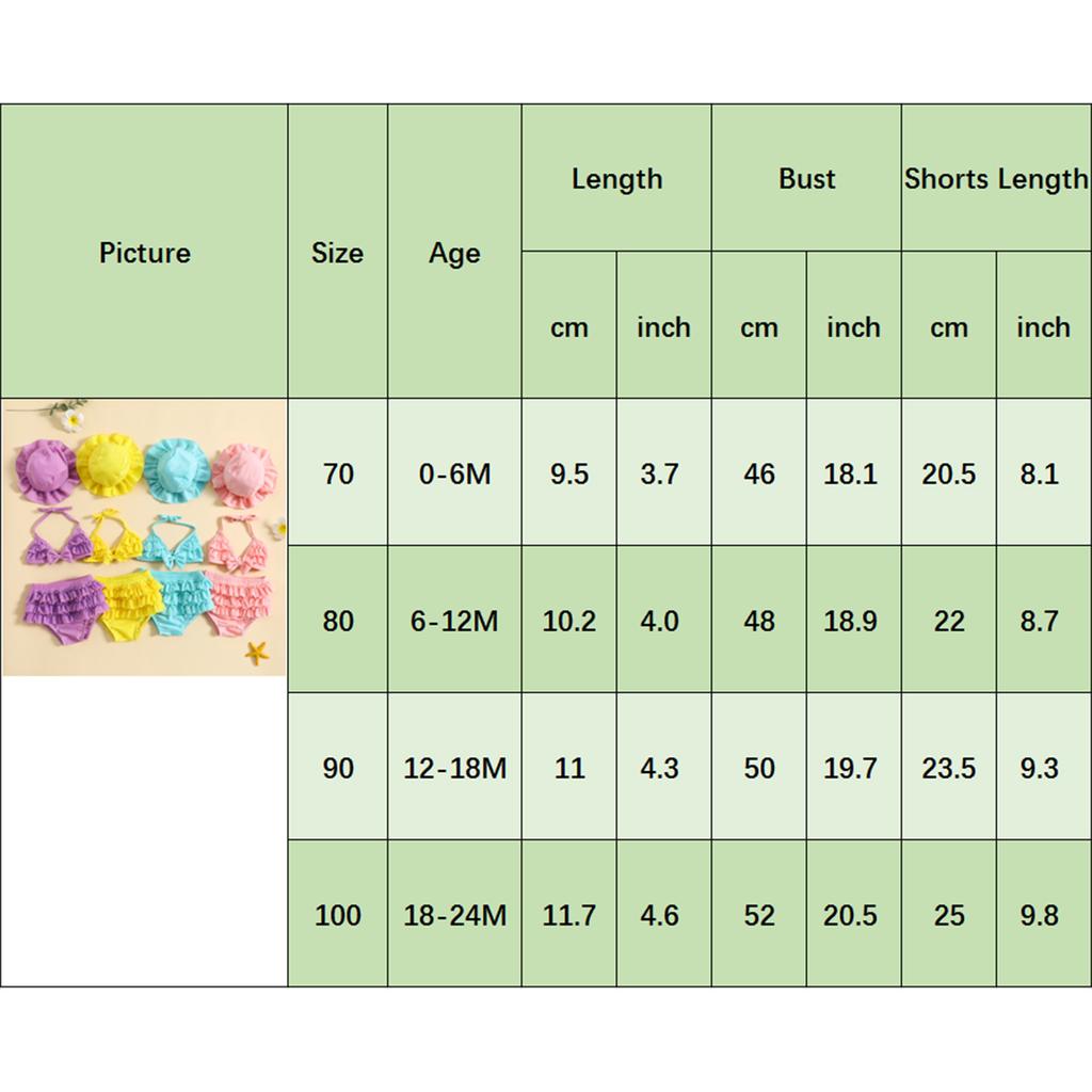 Baby Girls Summer Swimwear Outfit Sets Hanging Neck Tops + Layered Ruffle Shorts + Hat
