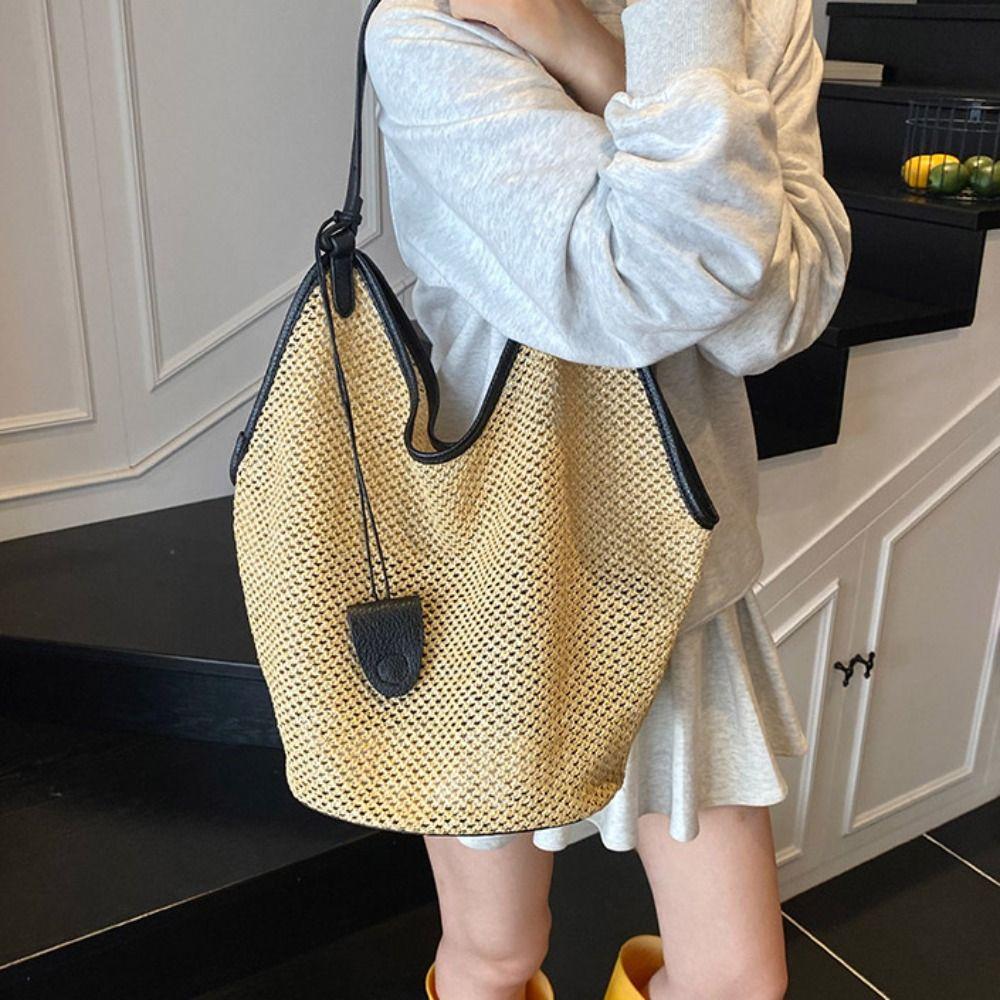 Parent Shoulder Bag Straw Woven Bag Tote Bagwith Sunglasses Clip Hollow Shoulder Bag Holiday