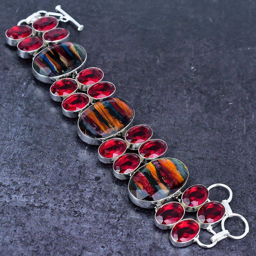 Natural Dichroic Glass, Garnet Gemstone 925 Sterling Silver Bracelet 7-8" S8A02