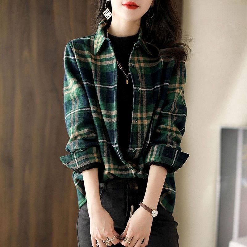 Fashionable Plus Size Women's Loose Plaid Shirt Comfortable Long Sleeve Coat