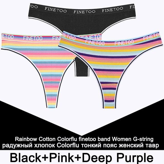 3PCS/Set Rainbow Colorful Striped Cotton Women Panties Sexy G-String Underwear Femme Finetoo Band Thong Intimate T-Back Lingerie