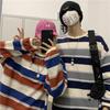 Осенняя корейская полосатая футболка с длинными рукавами в стиле Харадзюку: Ретро, свободный, унисекс-стиль для студентов
