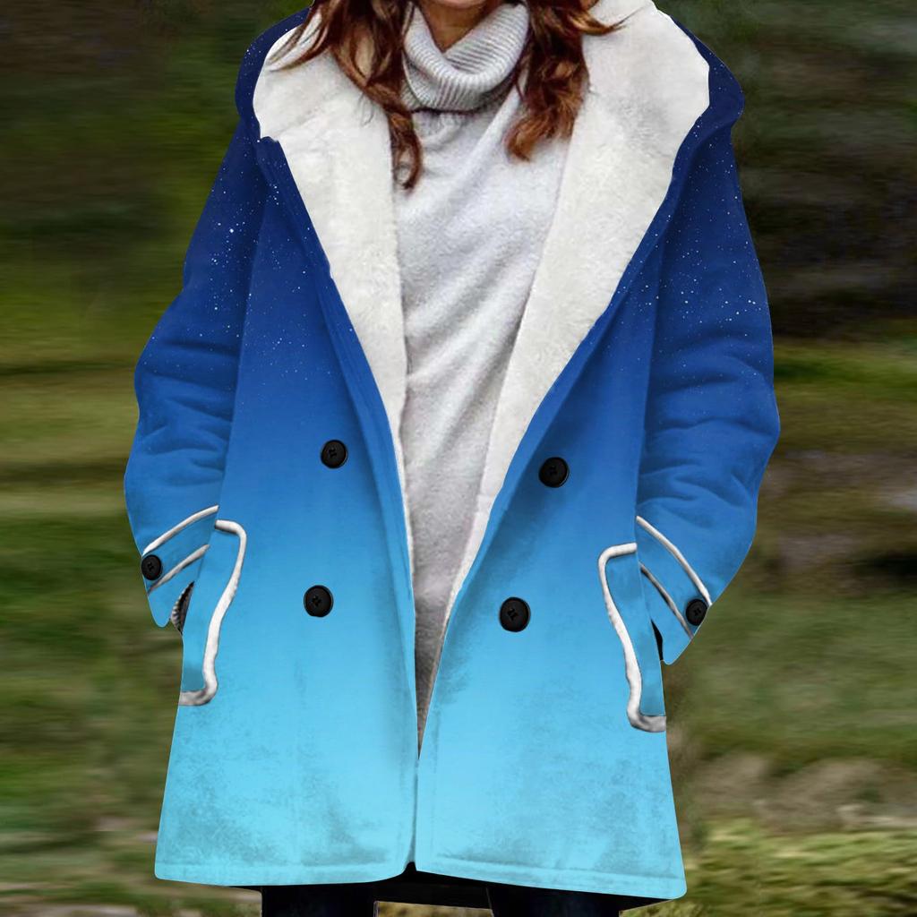 Женская большая куртка с теплой и плюшевой курткой на пуговицах с капюшоном с градиентным принтом и карманами