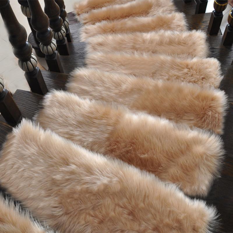 1pc Soft Stair Step Mat Fuax Fur Step Rug Plush Floor Mat Glue-Free Self-Adhesive Thickened Silent Carpet Machine Washable