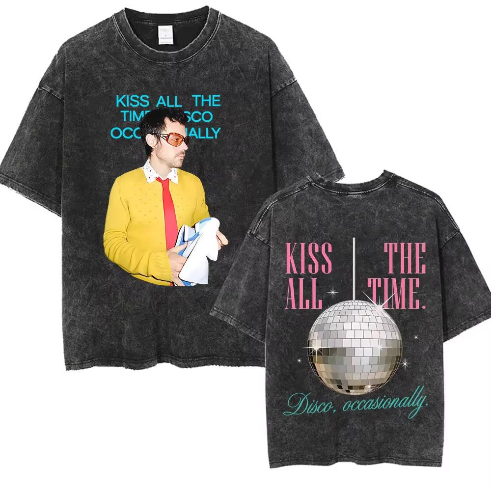 Kiss All The Time Disco Occasionally Washed Vintage T-shirts Fans Gift Men Women Fashion Pop Music Streetwear Male Oversized Tee