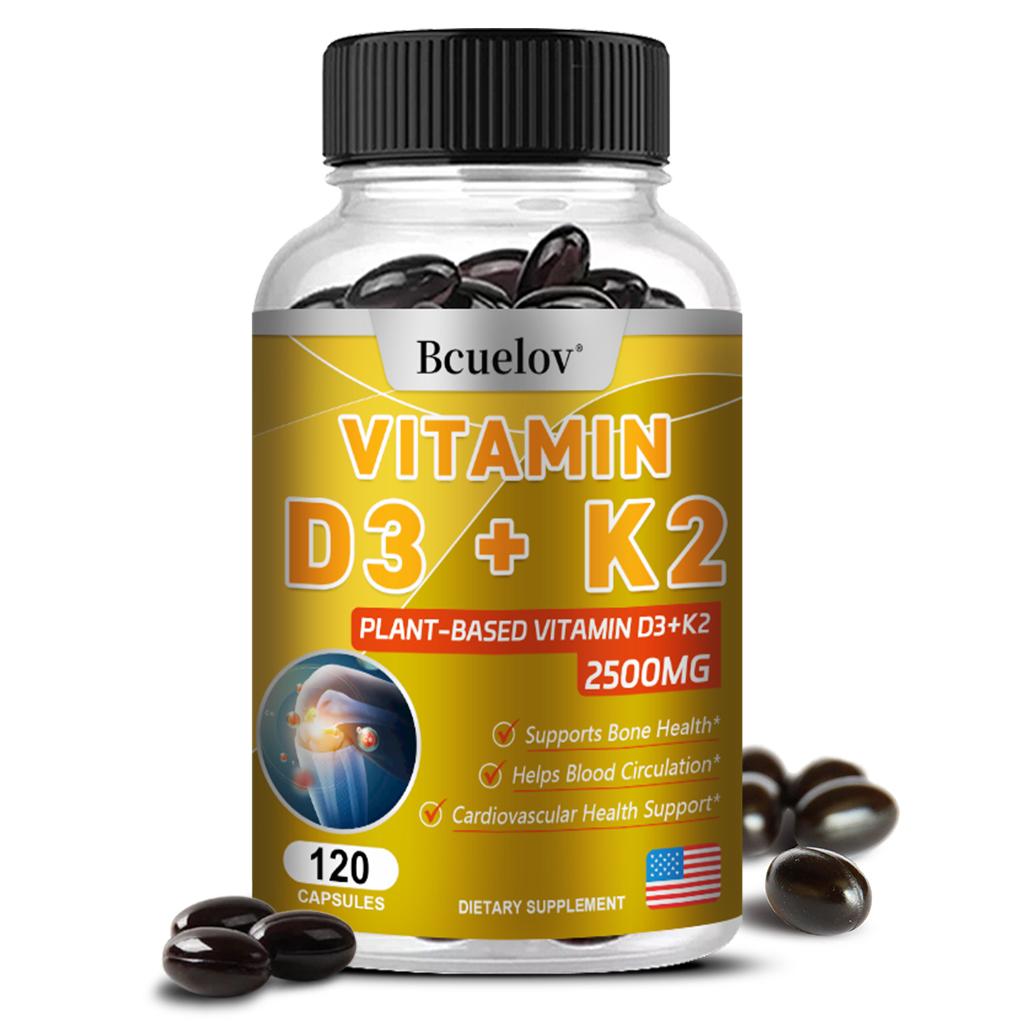 Bcuelov plant-based vitamin D3+K2 capsules 2500mg containing calcium and multiple vitamins to enhance immunity 120 capsules