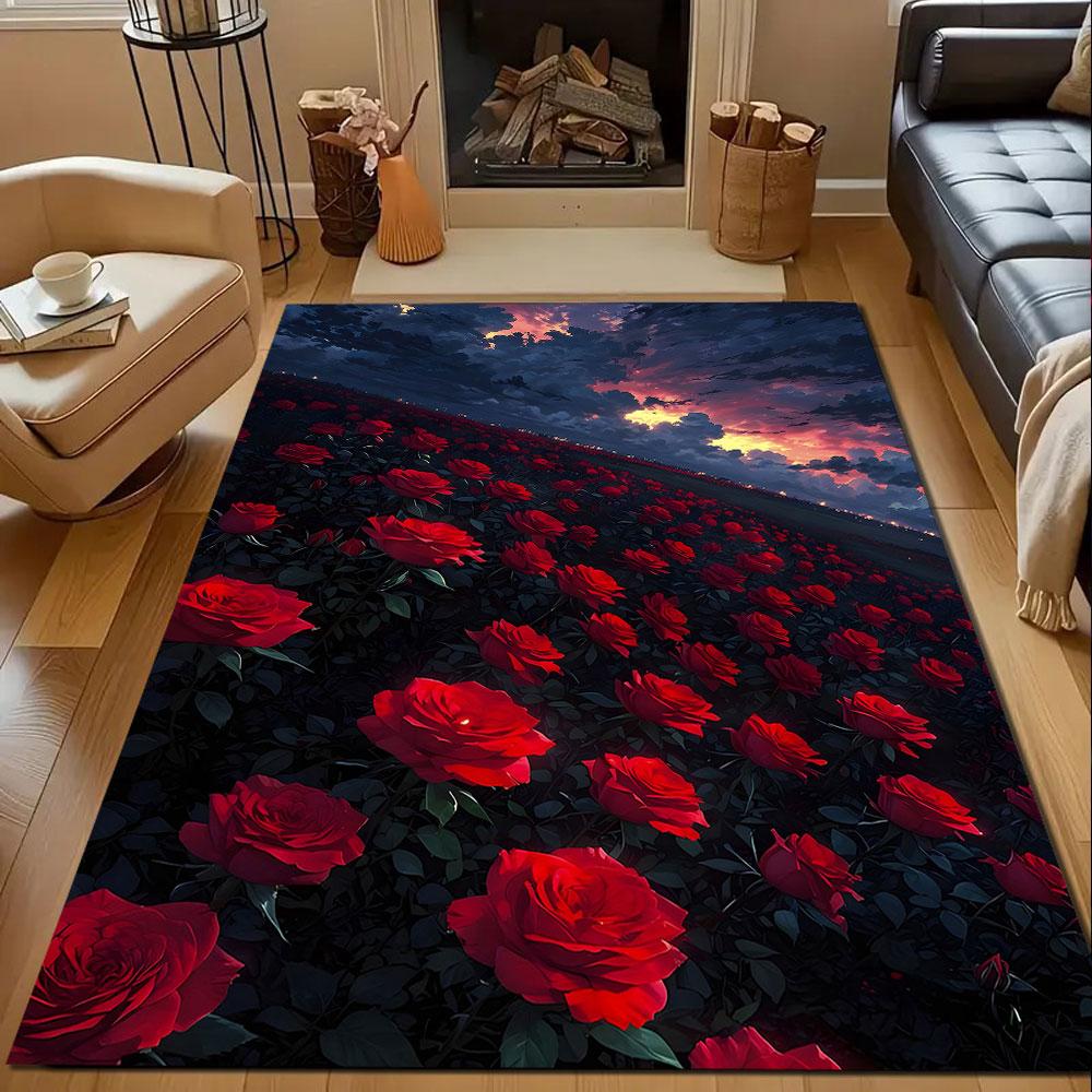 "Sunset Over Red Rose Field" Patterned carpet, non slip mat suitable for living room and bedroom sofas