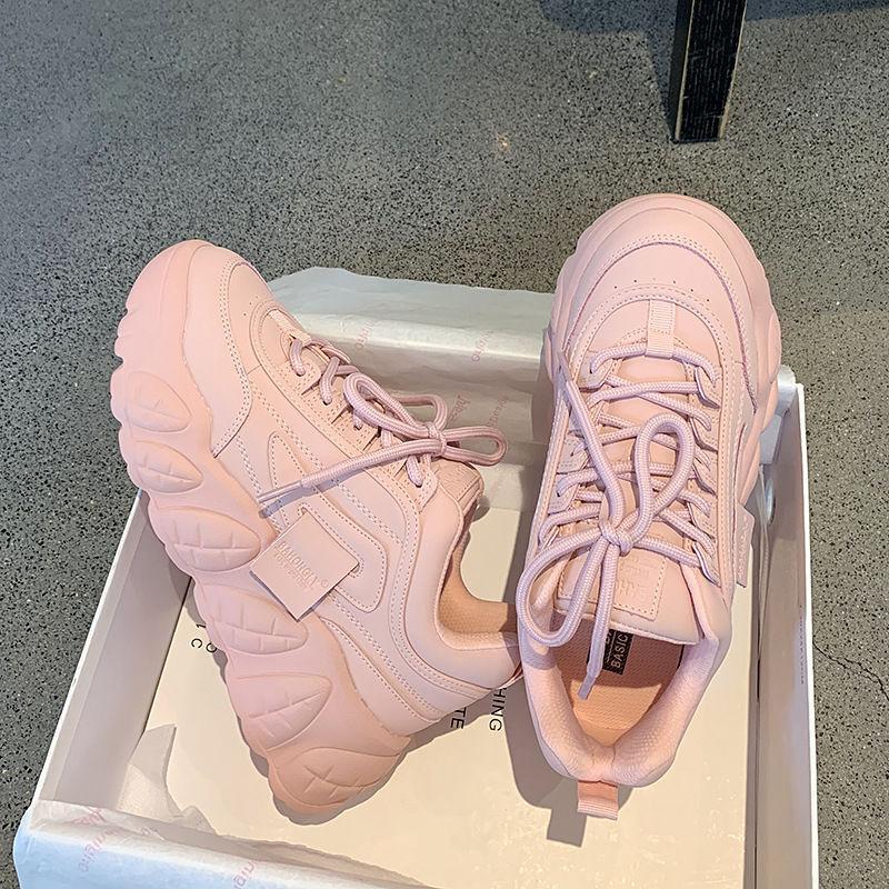 2021 новые весенние корейские розовые массивные кроссовки для женщин, обувь на толстой подошве, фиолетовые туфли на платформе, белая кожаная повседневная обувь, женская обувь