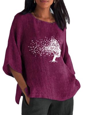 Женская мода Топ с рукавом 3/4 Весна&лето Круглый вырез Принтованная футболка Женский пуловер Хлопково-льняная блузка