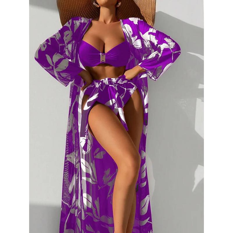 Бикини пуш-ап с принтом растений и кимоно, прикрытый купальник, женский купальник с длинным рукавом, комплект бикини из трех предметов, купальный костюм