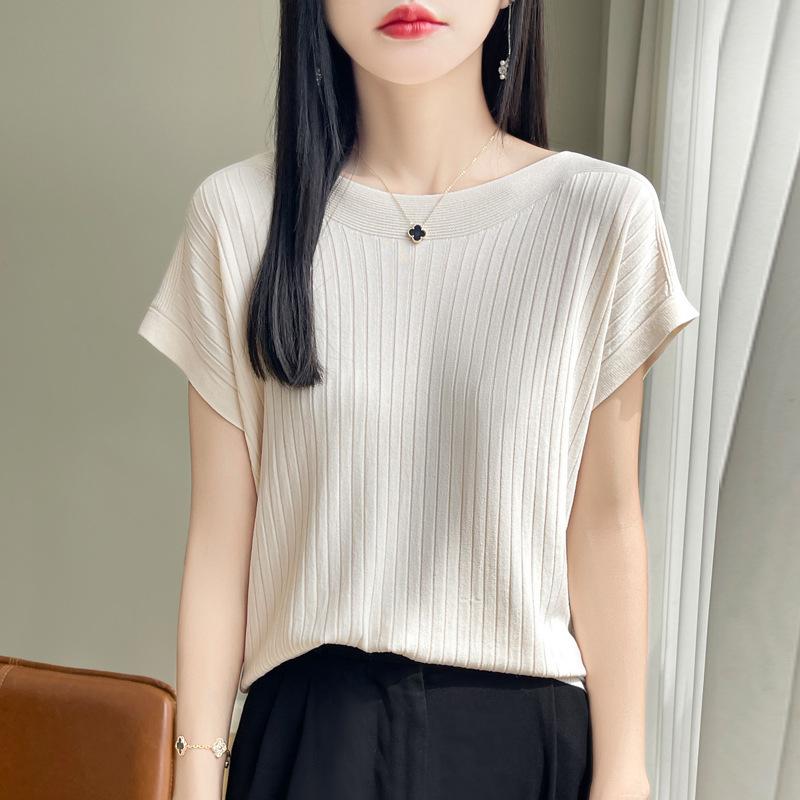 Модный женский свитер с вырезом-лодочкой из ледяного шелка, весна-лето, вязаный свитер, свободные повседневные рубашки, трикотажные изделия с коротким рукавом