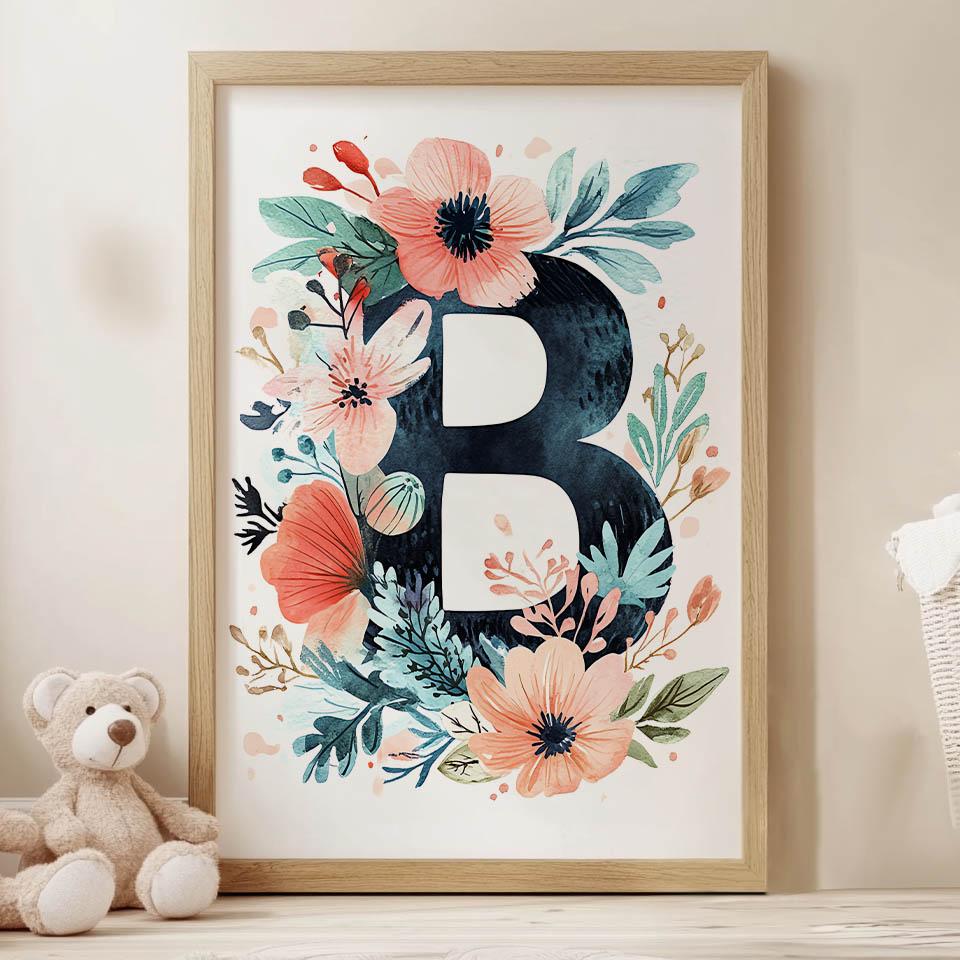 Plakat Litera "B" Otoczona Kolorowymi Kwiatami Plakat Litera "B" Otoczona Kolorowymi Kwiatami, 30X40 Cm, Rama Drewniana Ciemny Brąz, Papier Matowy 230