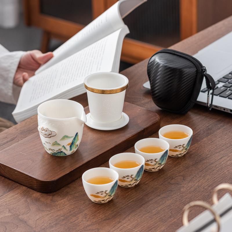 High-end Hand-painted Suet Jade Porcelain Travel Tea Set, One Pot and Four Cups of Boutique Teapot Teacup Outdoor Portable Gifts