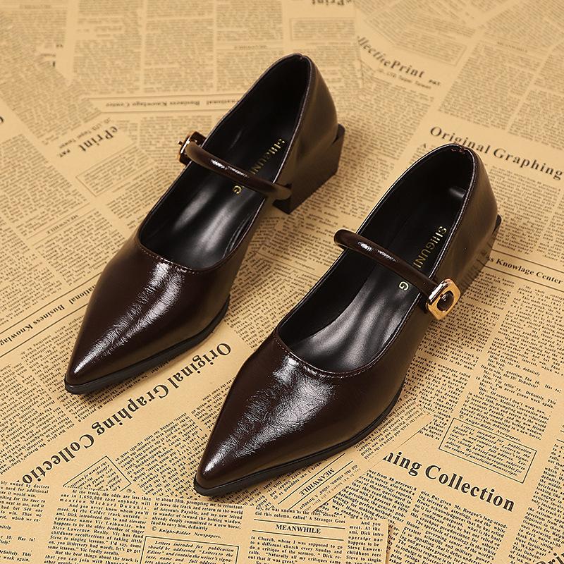 Дизайн с толстым каблуком, нишевые туфли-лодочки с мелким вырезом, женские весенне-осенние новые остроносые туфли на высоком каблуке Мэри Джейн, маленькие кожаные туфли