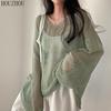 HOUZHOU открытые топы, женские винтажные элегантные повседневные уличные свитера с круглым вырезом, шикарные свободные свитера, трендовые пуловеры