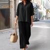 Women's Cotton Linen 2 Piece Set Casual Lapel V Neck Short Sleeve Top Wide Leg Pants Set Summer Loose Lounge Outfits