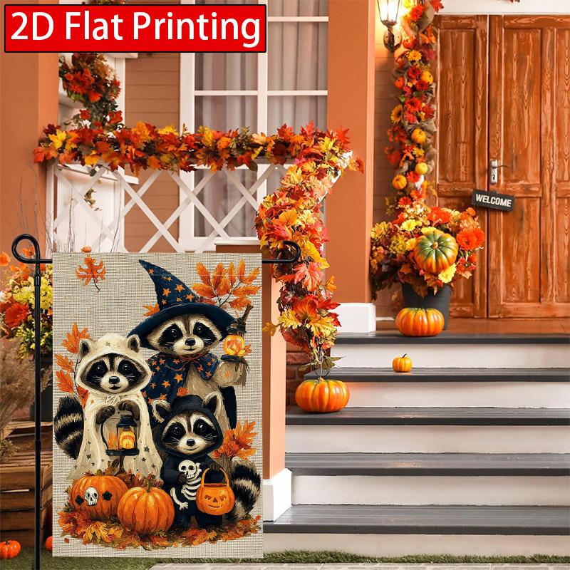 2D Flat, 2D Flat Three Raccoons_ Pumpkins_ Maple Leaves_ Halloween Garden Flag Dress Up_4-28x40 Inch Outdoor Garden Flag Double-sided Home Decoration