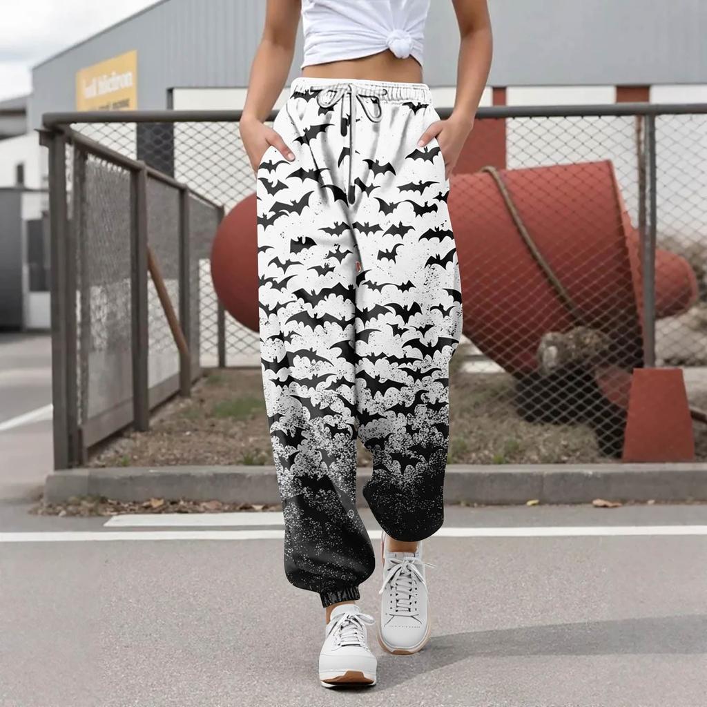 Женские повседневные модные брюки для отдыха с принтом на Хэллоуин, спортивные штаны, брюки с эластичной резинкой на талии, брюки со шнурком