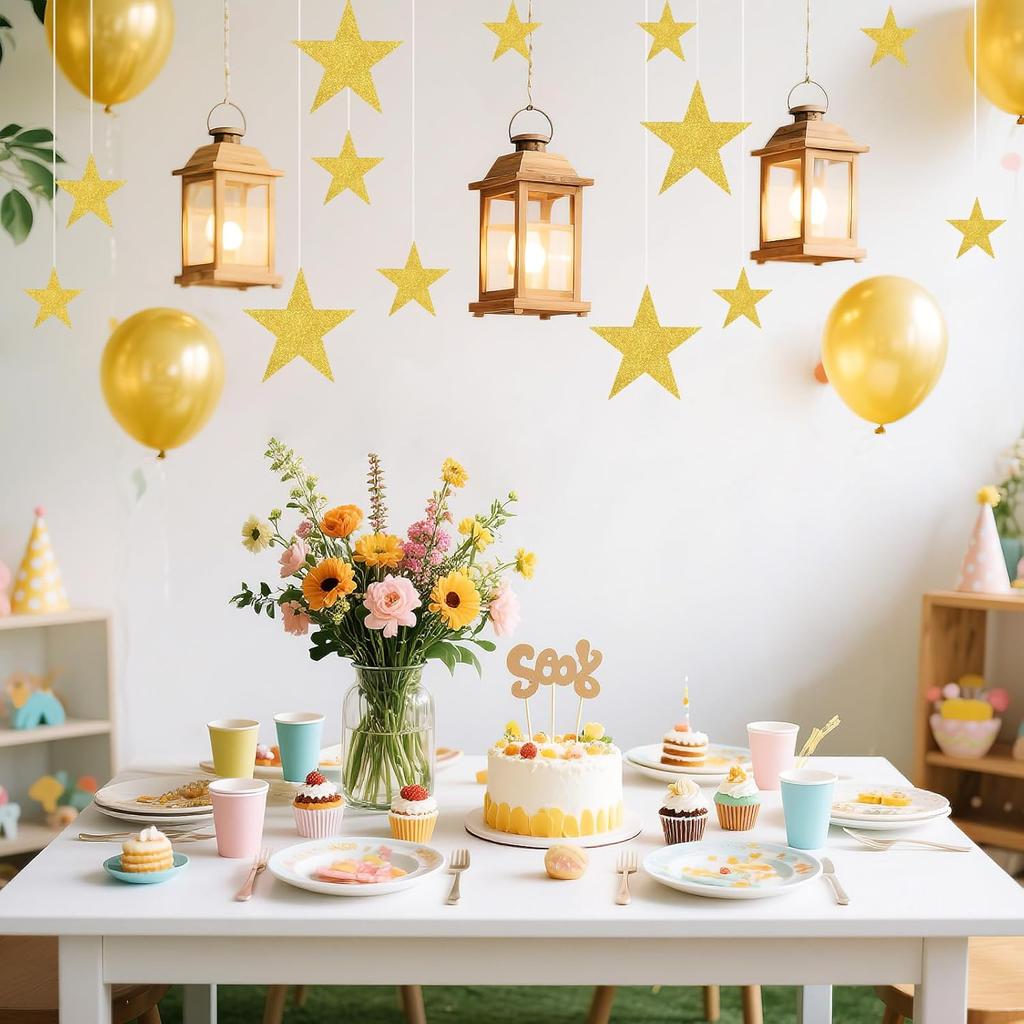 JUNEBRUSHS 90Pcs Star Cutouts, Double Printed 3 Sizes Gold Glitter Star Paper Cutouts for Bulletin Board Classroom Wall Decorations