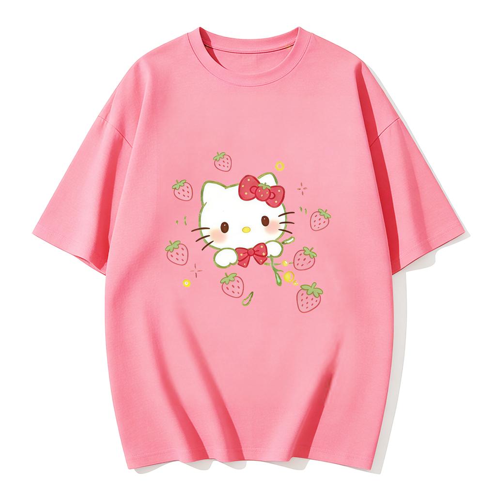 2026 Hello Kitty Cartoon Printed Short Sleeve Summer Cotton Tshirts Womens Family Matching Outfits Tops Tee Trendy Y2k Tops