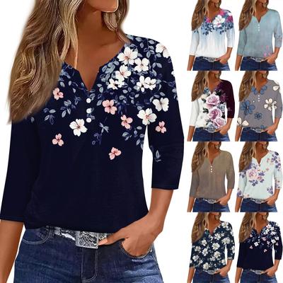Жен. Футболка Футболка С принтом Пуговицы Рукав 3/4 Повседневные Выходные Мода Классический V-образный вырез Обычный Топ