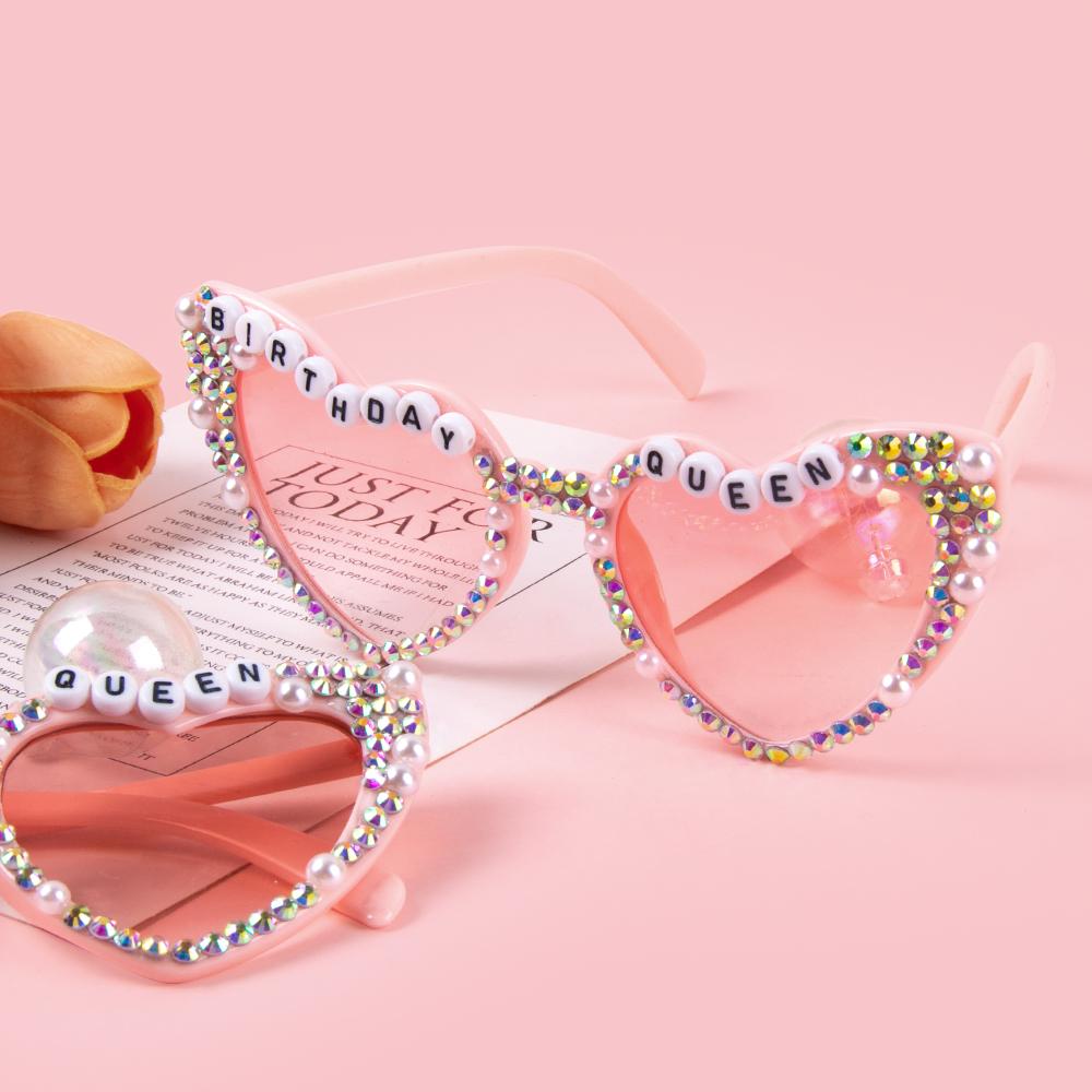 Birthday Queen Glasses Pink Heart Shaped Shiny Bling Diamond Pearl Sunglasses for Girl Happy Birthday Party Gift Accessories