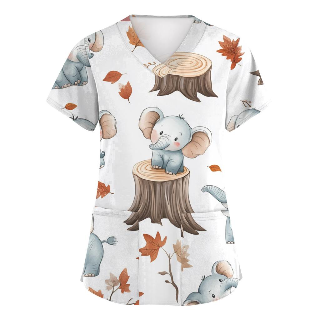 Women's Fashion Short Sleeve Cute Animal Printed V-Neck Pocket Workwear Tops