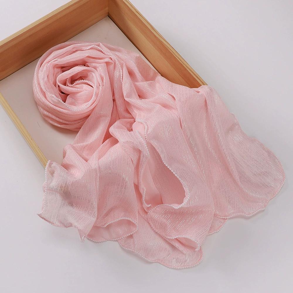 Chiffon Gold and Silver Wire Light Thin Women's Casual Pearl Edge Shawl Headscarf Hijab Scarves