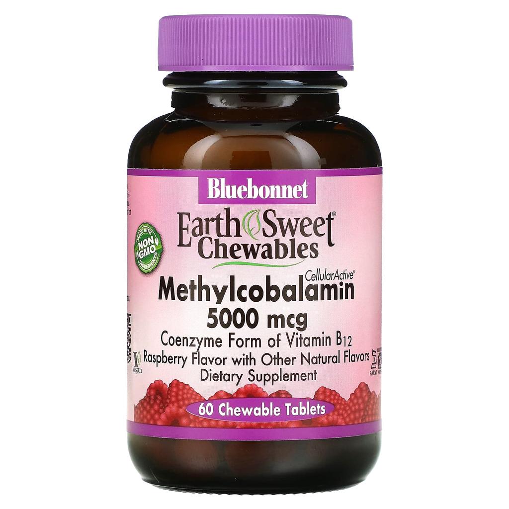 Bluebonnet Nutrition, EarthSweet Chewables, CellularActive Methylcobalamin, со вкусом малины, 5000 мкг, 60 жевательных таблеток