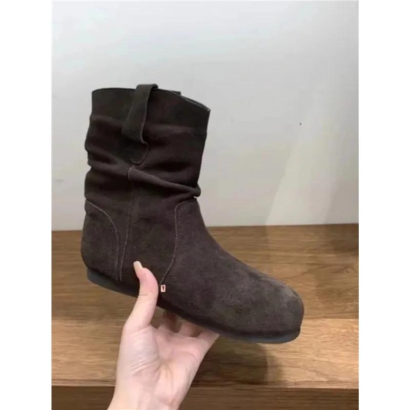 Женская мода толстые каблуки ботильоны мягкая подошва плиссированные ботильоны ковбойские сапоги женские осенние короткие ворсистые ботинки без застежек женские