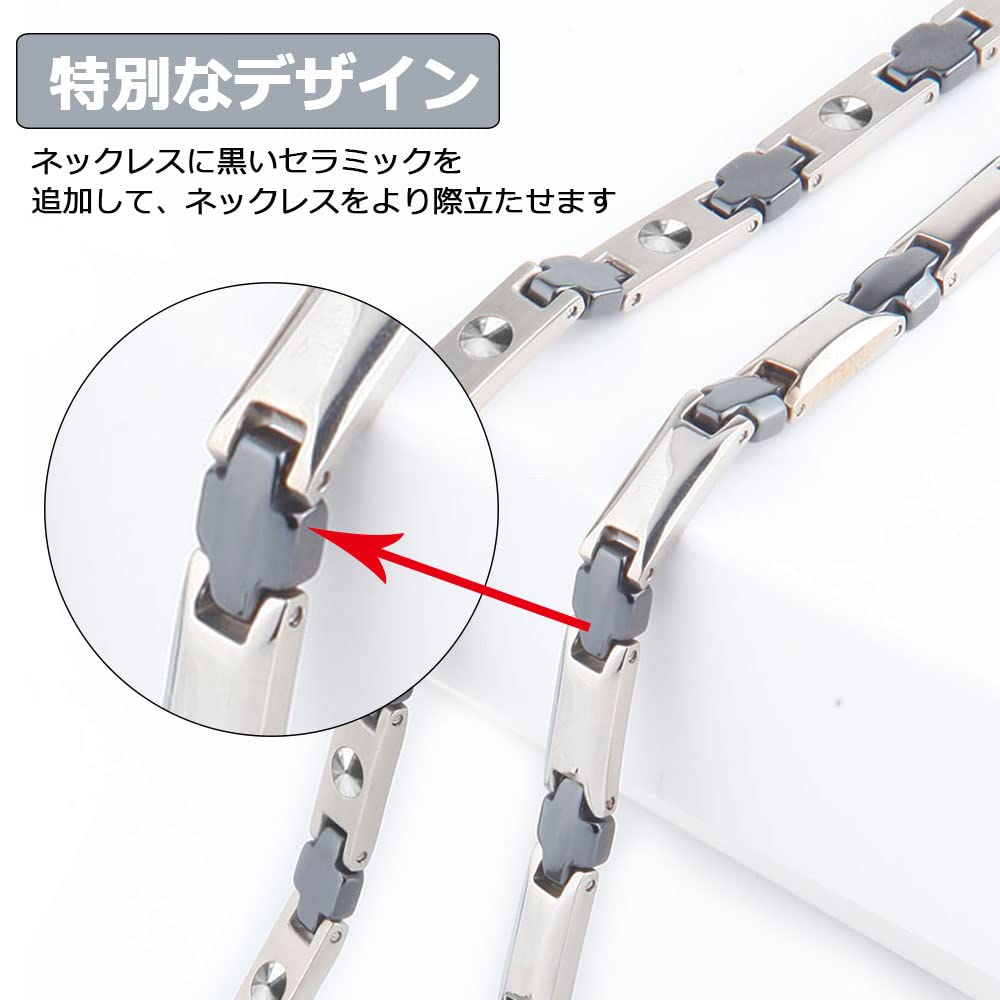 Hachi Pure Titanium Necklace with 6 Gems, 25 Gems of Germanium, and Hematite, Premium Ceramic, Men's Necklace, Anti-Static, 55.5cm (Black)