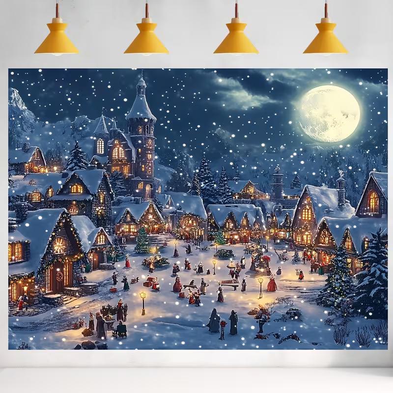 2D Winter Snow Village Full Moon Backdrop Christmas Holiday Photo Background Cloth