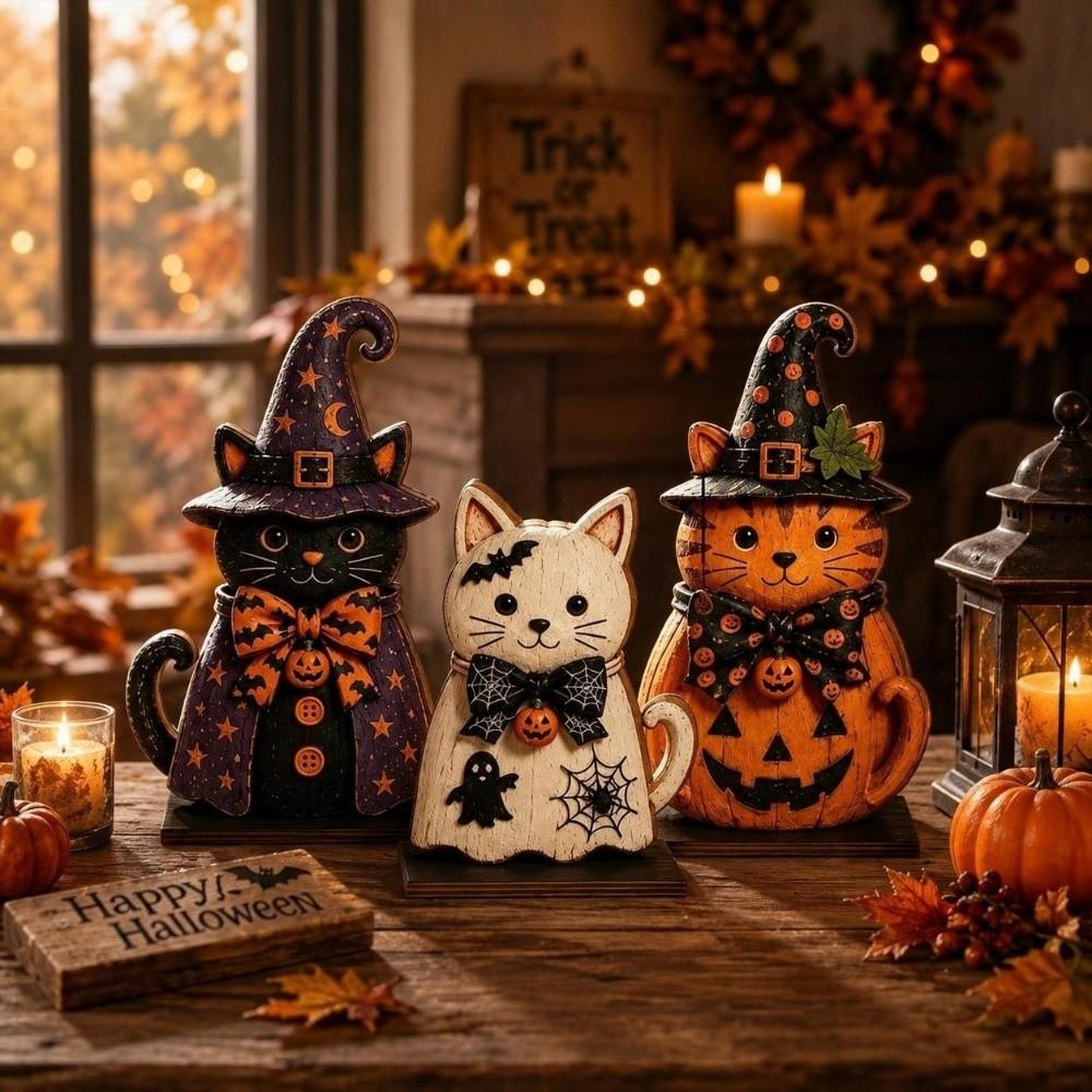 3pcs Pumpkin Witch Cat Ornament Rustic-style Tabletop Decoration Halloween Parties
